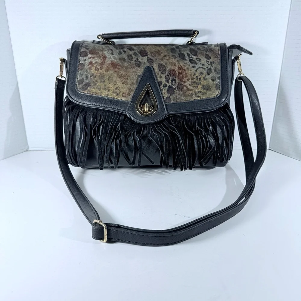 Femina Fringe Leopard Print Black Handbag Gold Interior Detachable Strap - Picture 7 of 16